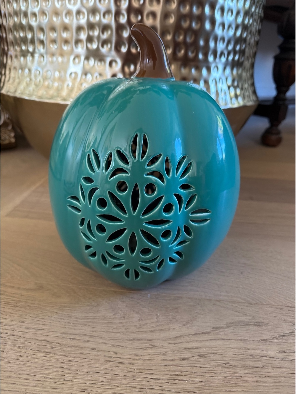 Turquoise Fall Ceramic Pumpkin Decor, Lights up but needs batteries, NWT